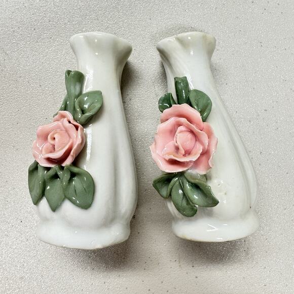 Vintage Porcelain Rose Salt and Pepper Shakers 3" White Pink Grandma Core - Picture 1 of 8